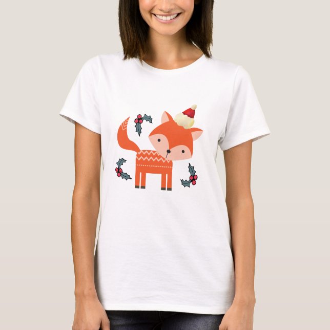 Orange Fox in Weihnachtsmannmütze Niedliche Whimsi T-Shirt (Vorderseite)