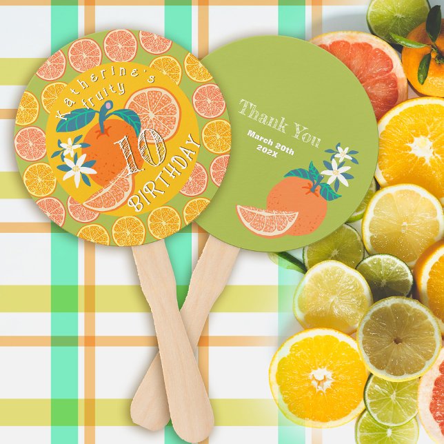 Orange Fruchtig 10. Geburtstag Grün Fächer (Orange Fruity Birthday Hand Fan.)