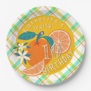 Orange Fruchtiger Karierter 10. Geburtstag Papier  Pappteller