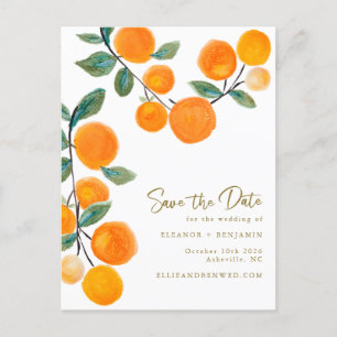 Orange Fruchtskript für Wasserfarben Save the Date Postkarte