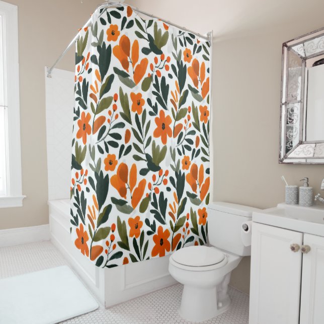 Orange Frühlingsblumen Muster Floral Elegant Duschvorhang (Beispiel)