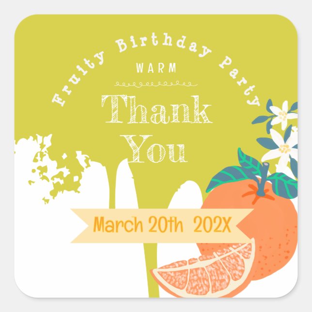 Orange Fruit Birthday Green Square Aufkleber (Vorderseite)