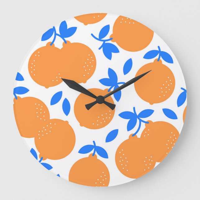 Orange Fruit: Exquisite blauweiße Muster. Große Wanduhr (Vorderseite)