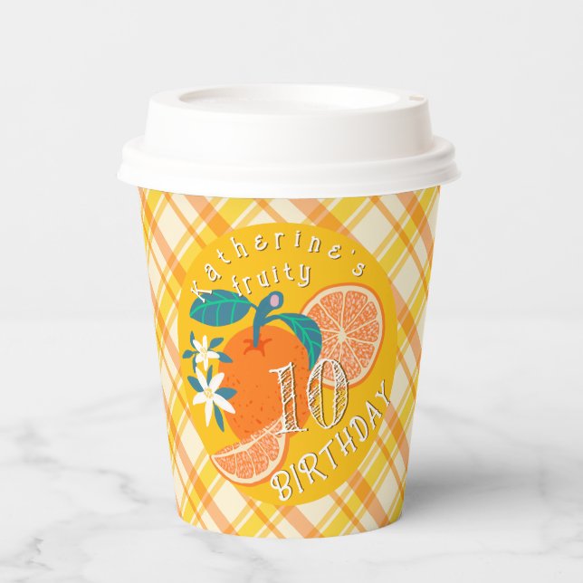 Orange Fruit Geburtstag Kariert Pappbecher (Vorderseite)