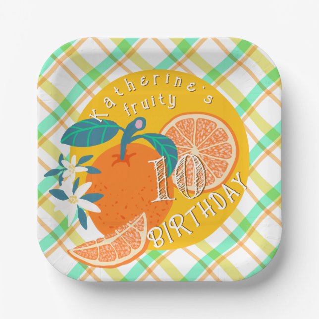 Orange Fruit Kariert Birthday Paper Plate Pappteller (Vorderseite)