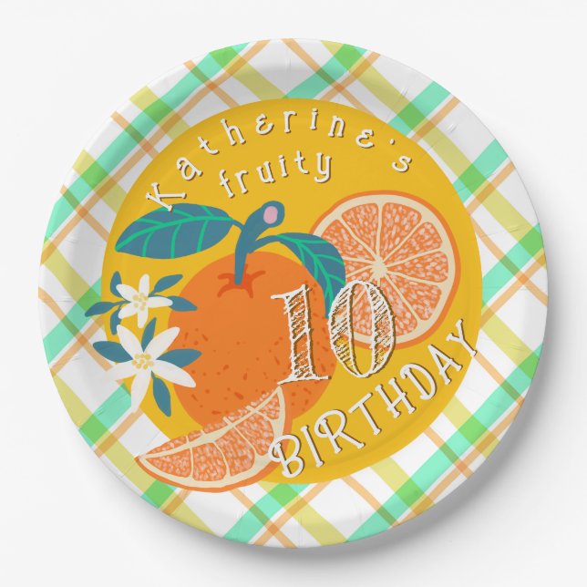 Orange Fruit Kariert Birthday Paper Plate Pappteller (Vorderseite)