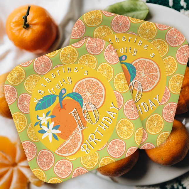 Orange Fruity Birthday Paper Plate Pappteller (Orange Fruity Birthday Party Plate.)