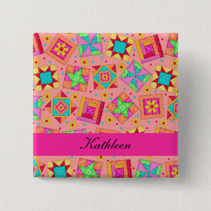 Orange Fuchsia Patchwork Quilt Blocks Name Abzeich Button