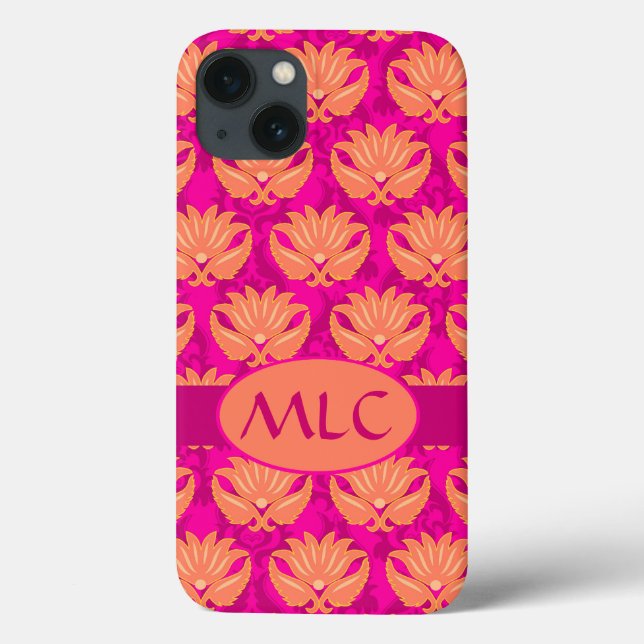 Orange Fuchsia Pink Art Nouveau Damask Monogramm Case-Mate iPhone Hülle (Rückseite)