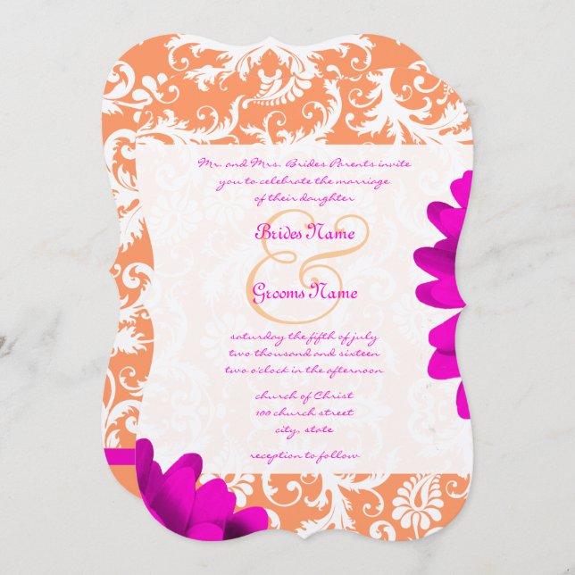 Orange & Fuchsia Pink Gerber Daisy Wedding Einladung (Vorne/Hinten)