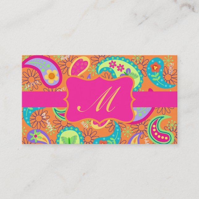 Orange Fuchsia Pink Modern Paisley Monogram Visitenkarte (Vorderseite)
