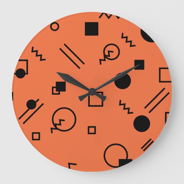 Orange, fun, trendy, geometric Memphis graphic Große Wanduhr (Vorderseite)