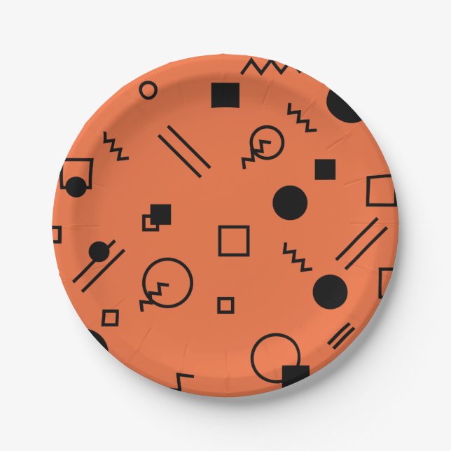 Orange, fun, trendy, geometric Memphis graphic Pappteller (Vorderseite)