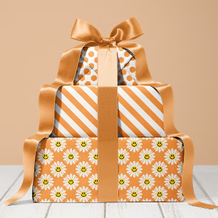 Orange Gänseblümchen Blumen Streifen Punkte Geschenkpapier Set