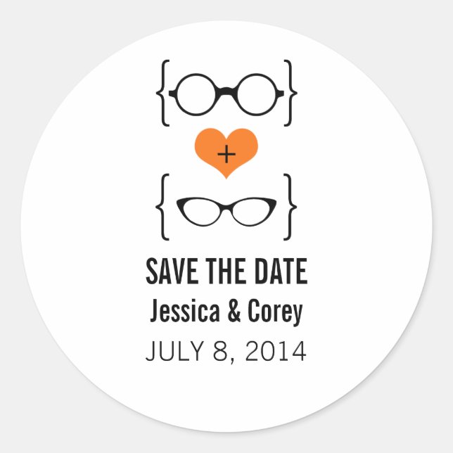 Orange Geeky Glasses Save the Date Stickers (Vorderseite)