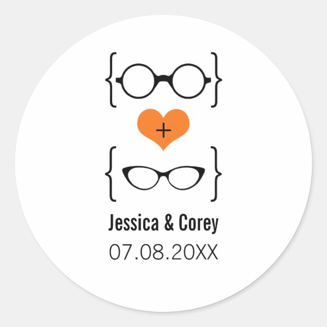 Orange Geeky Glasses Wedding Stickers (Vorderseite)