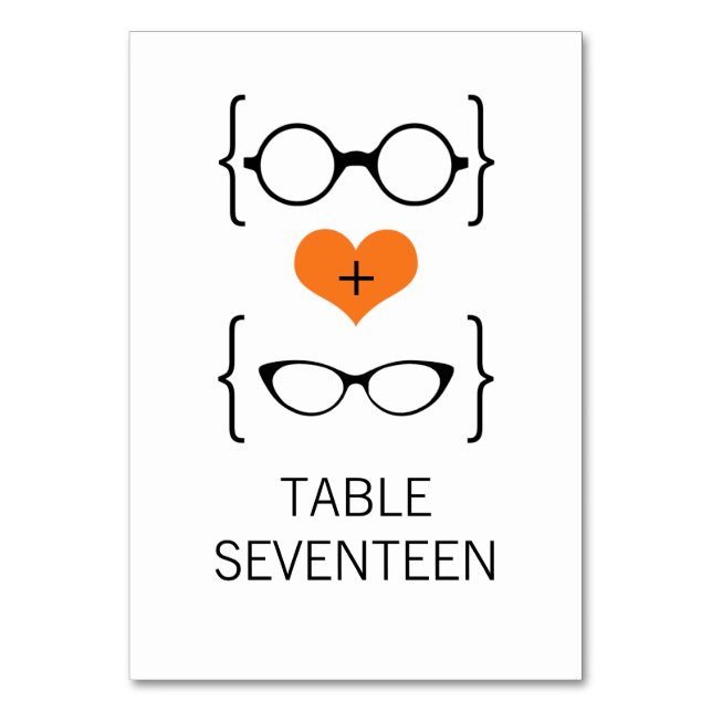 Orange Geeky Glasses Wedding Table Card Tischnummer (Vorderseite)