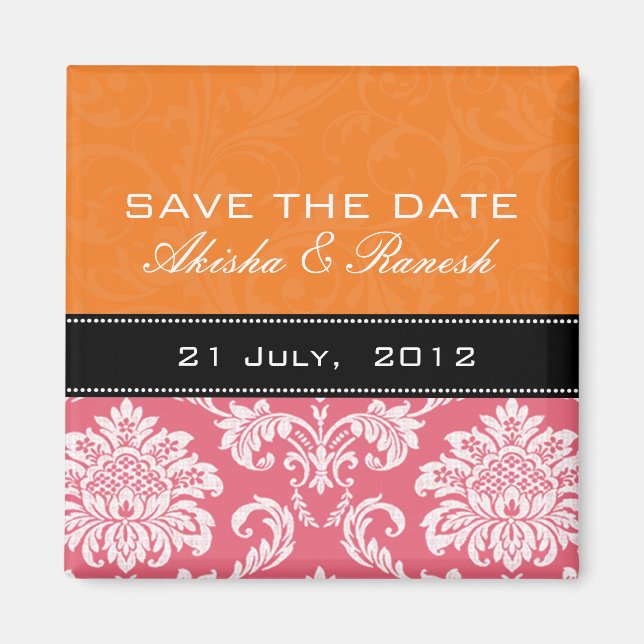 Orange Geißblatt-Damast-Save the Date Magnet (Vorne)