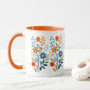 Orange Gelb Blau Grün Retro Vintage Blumen  Tasse