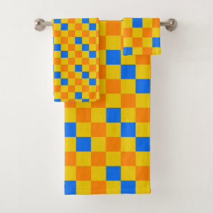 Orange Gelb Blau Kariertes Musterdesign Badhandtuch Set