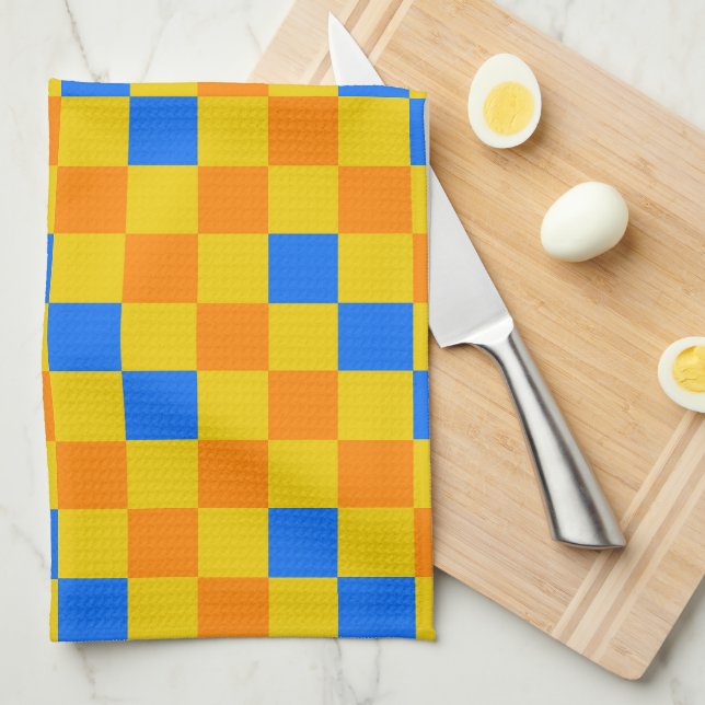 Orange Gelb Blau Kariertes Musterdesign  Geschirrtuch (Viertel Falte)