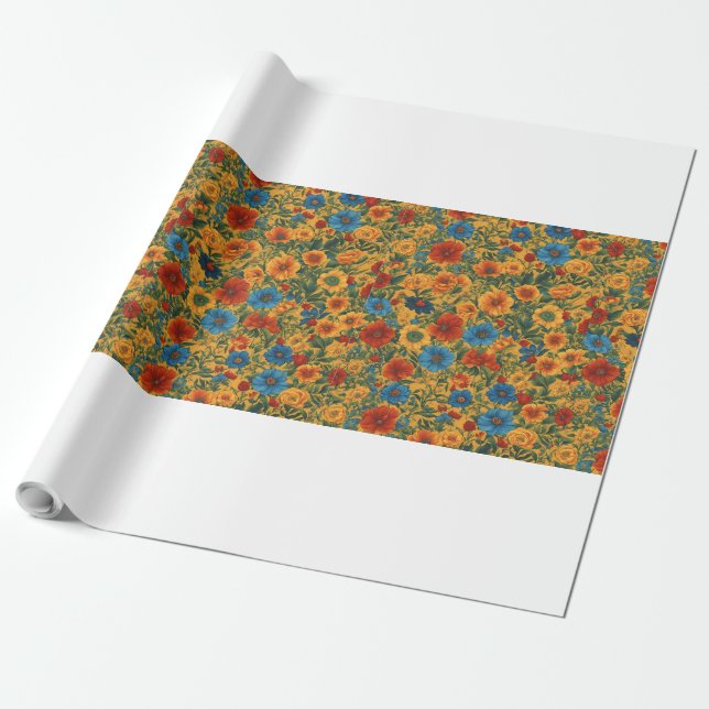 Orange, Gelb, Blau und Grüne Blumenmuster. Geschenkpapier (Ungerollt)