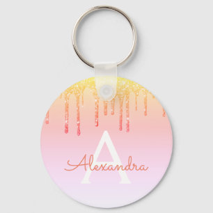 Orange Gelb Bling Schein-Glitzer-Monogramm Schlüsselanhänger