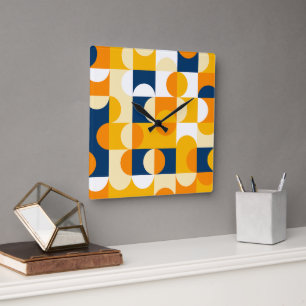 Orange Gelb Dunkelblau Retro-Kunstmuster Quadratische Wanduhr