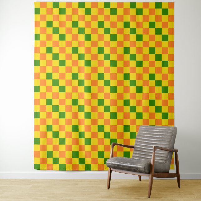 Orange Gelb Grün Kariertes Musterdesign  Wandteppich (Beispiel)