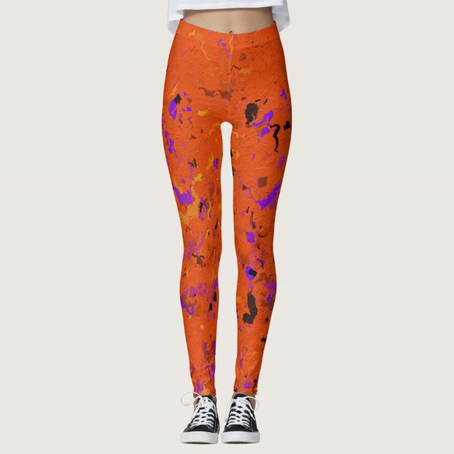 Orange, Gelb, Lila und Schwarz, Abstrakt Leggings (Vorderseite)