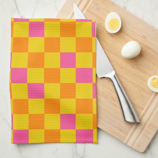 Orange Gelb Pink Kariertes Muster Design  Geschirrtuch (Viertel Falte)