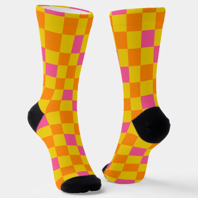 Orange Gelb Rosa Kariertes Musterdesign  Socken (Gewinkelt)