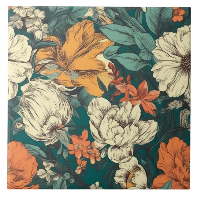 Orange, gelb und grün hübsche Blüten Fliese (Vorderseite)