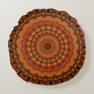 Orange, Gelb und Schwarz Mandala Rundes Kissen