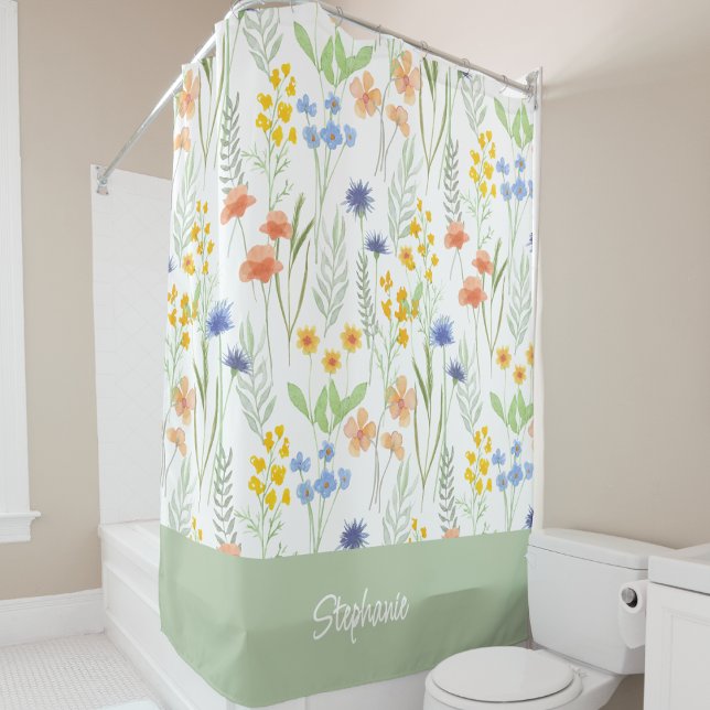 Orange Gelbe Blaue Wasserfarben-Wildblumen-Monogra Duschvorhang (Von Creator hochgeladen)