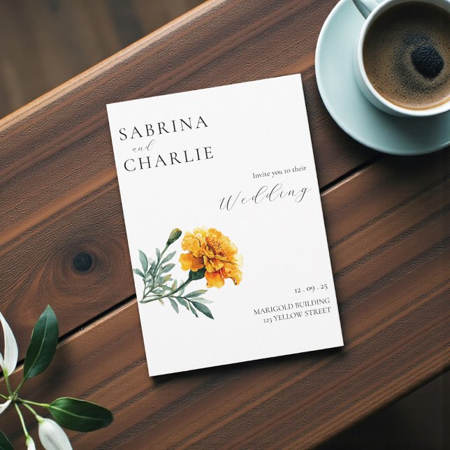 Orange Gelbe Ringelblume Boho Botanische Hochzeit  Einladung (Orange Yellow Marigold Boho Botanical Wedding Invitation)