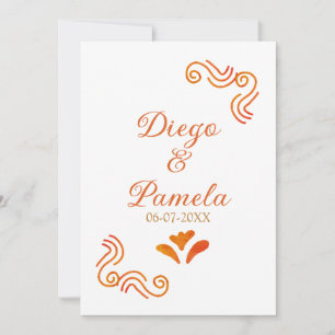 orange gelbe rustikale spanische Hochzeitspaar Nam Einladung