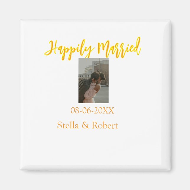 Orange gelbes Retro-Foto glücklich verheiratetes P Magnet (Vorne)