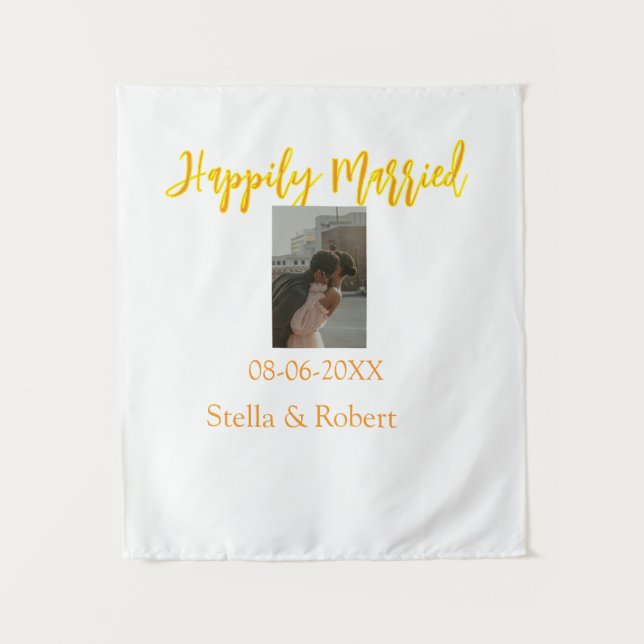 Orange gelbes Retro-Foto glückliches Ehepaar Wandteppich (Vorderseite)