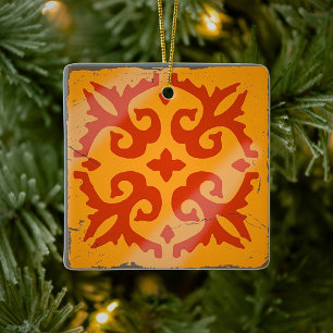 Orange Geometric Tile Board Game Distressed Keramikornament