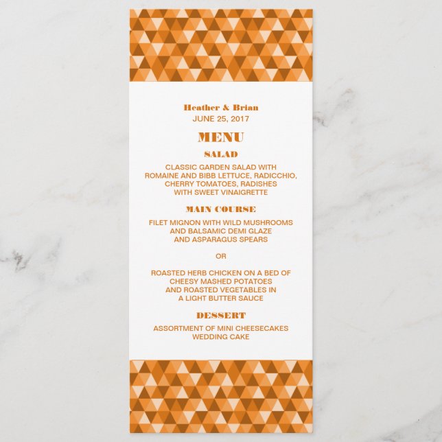 Orange Geometric Triangle Wedding Menu Menükarte (Vorderseite)