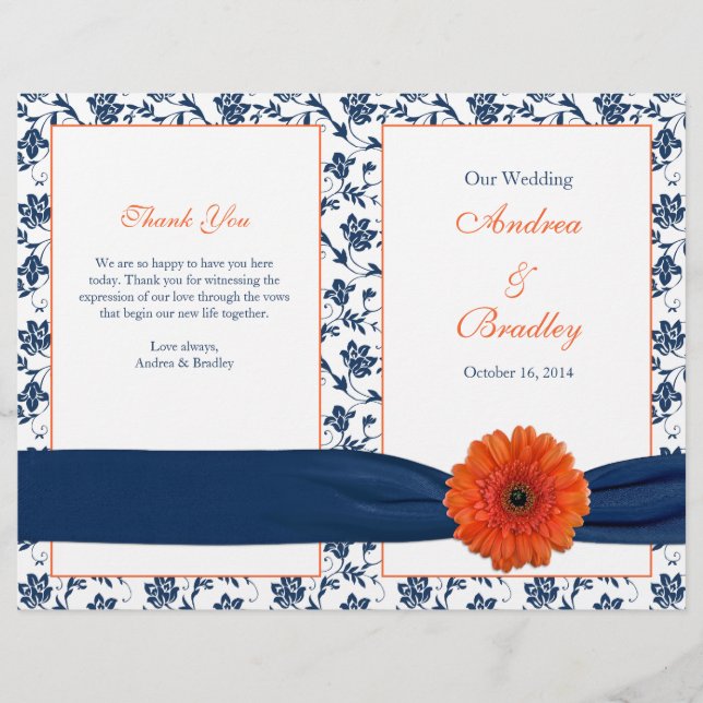 Orange Gerber Daisy Navy Damask Wedding Program (Vorderseite)
