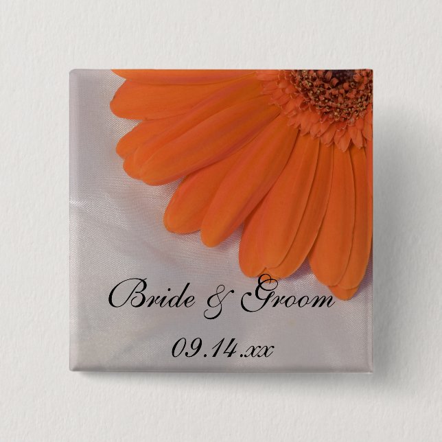 Orange Gerber Daisy und White Satin Wedding Button (Vorderseite)