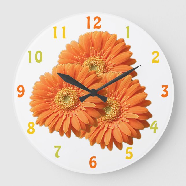 Orange Gerbera Daisies Clock Große Wanduhr (Vorderseite)
