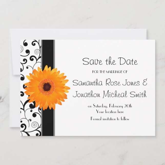 Orange Gerbera Daisy Black Scroll Save the Date (Vorderseite)