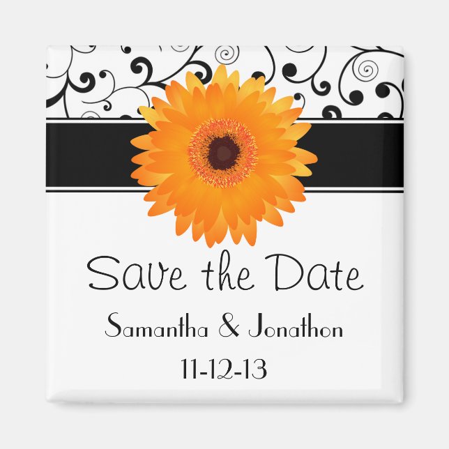 Orange Gerbera Daisy Black Scroll Save the Date Magnet (Vorne)
