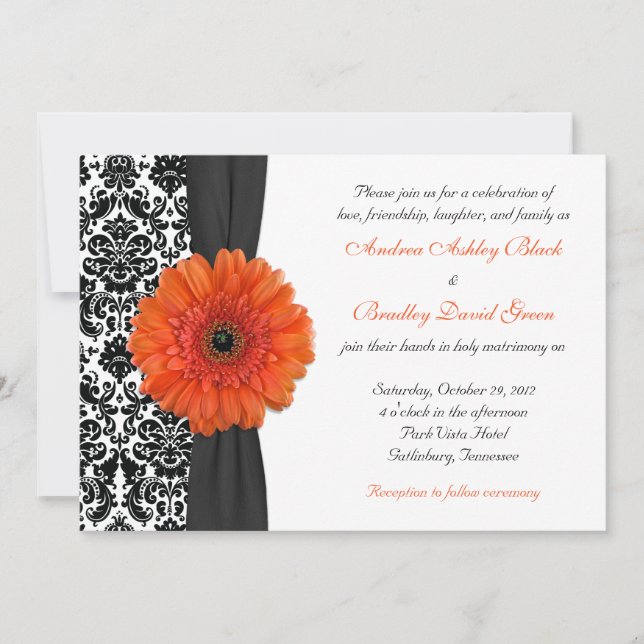 Orange Gerbera Daisy Damask Einladung zur Hochzeit (Vorderseite)