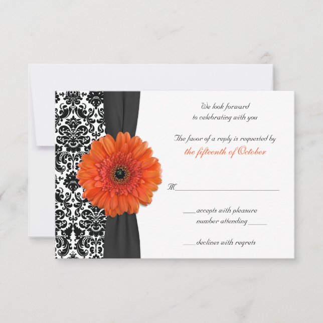 Orange Gerbera Daisy Damask Wedding Replik Card RSVP Karte (Vorderseite)