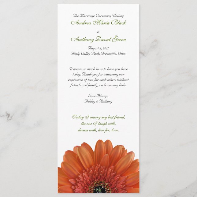 Orange Gerbera Daisy Wedding Program Programm (Vorderseite)