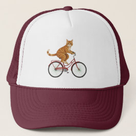 Orange getigerte Katze auf einem Fahrrad Truckerkappe